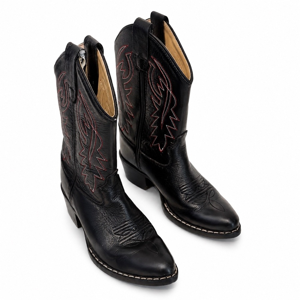 Cody James Kids Black Leather Western‎ Cowboy Boots Red Stitching B8110 Size 1 D